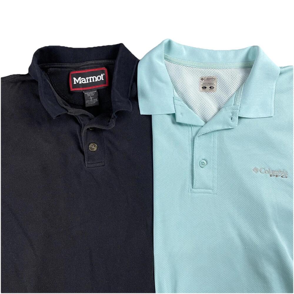 2 Columbia PFG Marmot Bundle Men’s Size L Blue-Green Black Polo Shirt Omni-Shade